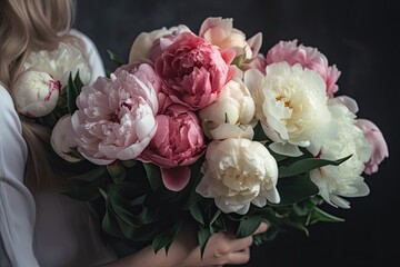 Beauty in Her Hand: A Breathtaking Bouquet of Peonies for Any Occasion. Generative AI