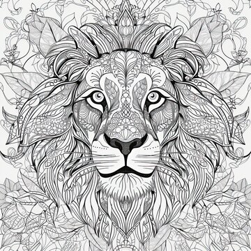 Be Creative! Outline of a Lion for Your Colouring Book Page: Spring Floral Background Design for Kids & Adults: Generative AI