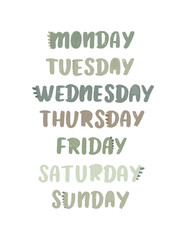 Days of The Week Dinosaur nursery design. Kids learning template. Educational poster in montessori style.