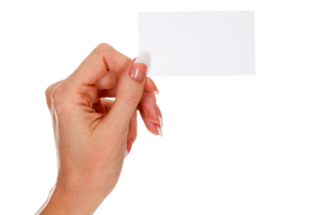 Female hand holding a blank business card, isolated on white background.