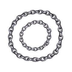 Metal chains creatively shape a circular frame in 3D rendering. Silver chain frame. Chrome metal. 