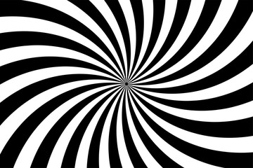 Black, white spiral design. Hypnotic swirl background, swirling radial pattern background. Illustration for swirl design. Illusion background.