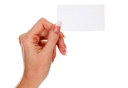 Female hand holding a blank business card, isolated on white background.