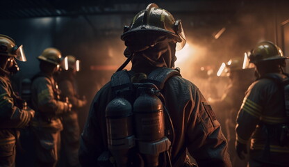 A firefighter captain in a gas mask standing with his troops.