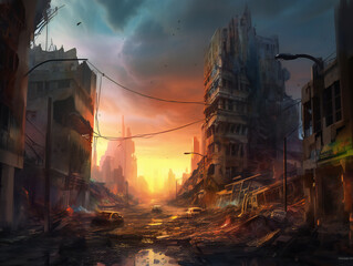 city destruction artwork, imaginative disaster scenario, generative AI
