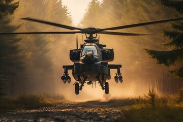 Military helicopter, means of transport for soldiers, forest background created with Generative AI technology