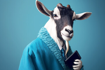 Goat with suit. Animal wearing business clothes. Generative AI.
