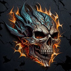 Artistic skull. Tattoo design with flames on background
