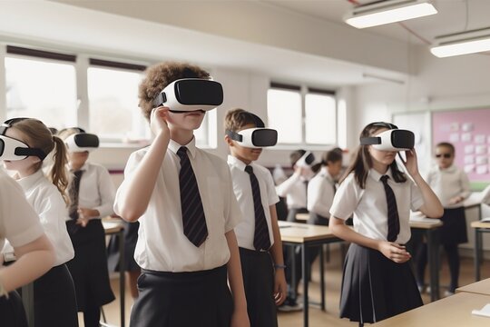 Pupils in a classroom learning with technology (AI generated)