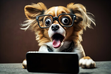 Surprised dog looking at smartphone screen. Generative AI.
