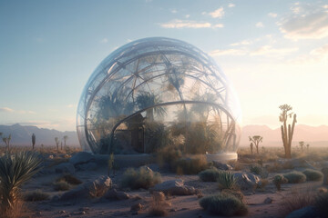 transparent dome with life inside, in the middle of the desert, Generative AI