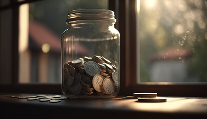 Obraz na płótnie Canvas Savings Coins in transparent jar on table by window bokeh background , a Finance concept, Generative AI