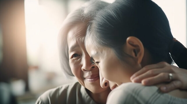 Mother and daughter are in living room having warm hug to sharing love on a mother's day, Generative AI
