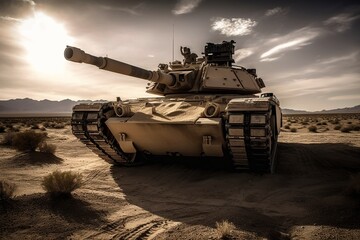 Tank in the desert, rush through the desert, tank in battle - created with Generative AI technology