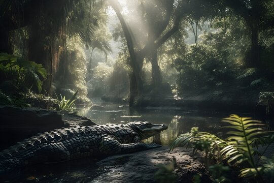 Nile Crocodile in the Amazon Rainforest | Animal illustrations/backgrounds/wallpapers/portraits |