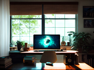 Fototapeta premium Lofi empty interior. Messy desk, window view of a forest, jungle. Colorful study lo-fi desk. Cozy chill vibe. Hip-hop atmoshperic lighs.