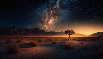 Obraz na płótnie Canvas Milky Way galaxy at night over a desert landscape illustration, Generative AI