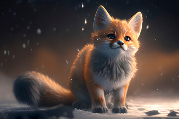 stylized drawing of a little cartoon fox on a snowy day, generative ai