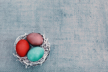 Obraz na płótnie Canvas Easter eggs in the nest isolated on gray background.