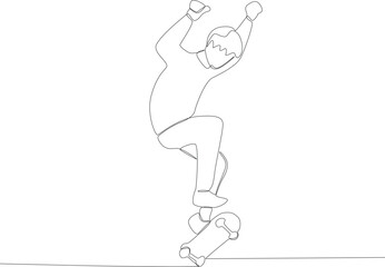 Fototapeta na wymiar A young man jumps on the end of a skateboard. Skateboarding one-line drawing