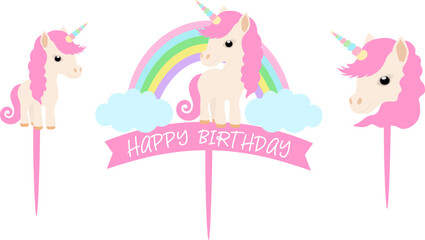Сake toppers Happy birthday Cute Unicorn with rainbow templates vector illustration