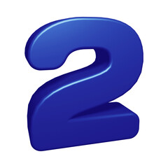 Blue number 2 in 3d rendering for math, business and education concept