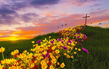 Flowers leading to the cross