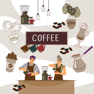 Coffee shop banner design. Banner or poster mockup with coffee supplies and people characters for cafe or coffee house, packaging labels and sign boards, menu card. Vector illustration.