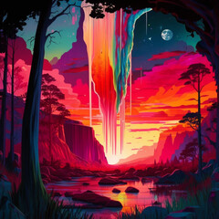 Fototapeta na wymiar Kaleidoscopic Twilight Oasis - Multicolored, lush jungle, waterfalls