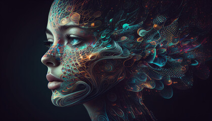 Künstliche Intelligenz chatbot, virtueller Kopf einer Frau der sich auflöst, Visualisierung digital 3d Computer, Generative AI 