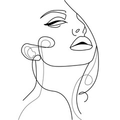 Minimalist illustration of sexy woman face. Black and white. White background. One line drawing.