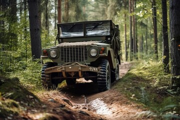 Military vehicle Jeep in the forest - Driving through the mud, Driving through the forest, camouflage created with Generative AI technology