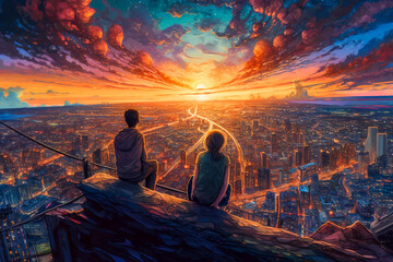 Illustration of a couple sitting on the edge of the building over an incredible sunset view of a big city, made with help of Generative AI