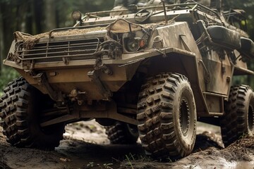 Military vehicle in the forest , driving through the mud,  camouflage created with Generative AI technology