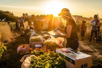 Local community evening sale event of locally grown food, supporting local produce and farmers. Illustration created with generative AI tools.