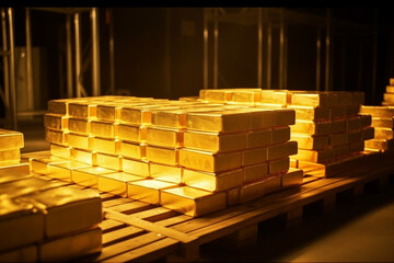 Gold bars stacked on wood pallets in a large vault like room with structures in the background, sunlight streaming from windows, generative AI