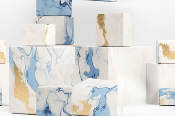 Tile ready pattern of blue, white and gold marble blocks for backgrounds, websites, copy, generative AI