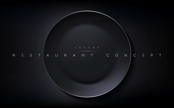 Isolated realistic luxury black round plate on the dark table. 3d elegant wallpaper for premium cafe, restaurant, fine dining, food brand, menu cover design etc… vector illustration