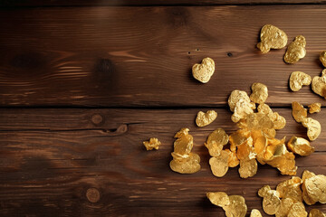 Gold nuggets on a dark wood table. generative AI
