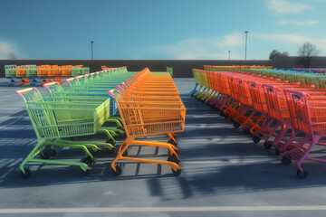 Rows of colourful shopping carts lined up in a parking lot, with blue skies and sunlight, generative AI
