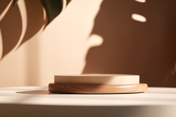 Two display plates on a sunlight surface, with large leaf and shadows on the background wall, product display, beauty, graphic resources, generative AI