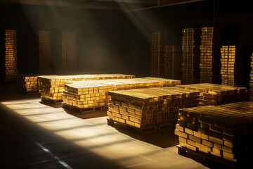 Gold bars stacked on pallets in a large vault like room, sunlight streaming from windows, generative AI