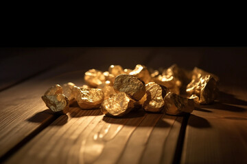 Gold nuggets scattered on a rich, deep wood table surface, bright light deep shadows, graphic resources, generative AI