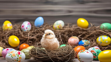 Fototapeta na wymiar Chick, bird nest and painted easter eggs. Shallow depth of field. Concept of happy easter day.