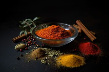 Spice blends from classic Indian garam masala to the fiery Jamaican jerk seasoning - food products created with generative AI technology - obrazy, fototapety, plakaty