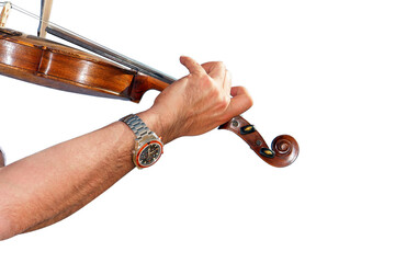 hand with watch playing violin on transparent background PNG.