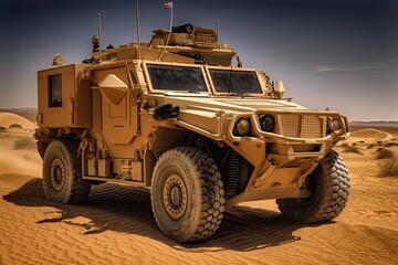 Military jeep close-up - desert, transport of soldiers created with Generative AI technology