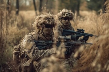Fototapeta premium Masked and armed soldiers in ambush created with Generative AI technology