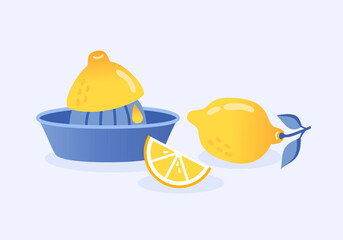 Lemon juicer. The process of making lemonade. Lemon slice. Illustration lemon with leaves in flat style.