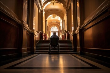 Obraz premium Back view of person with impaired mobility using wheelchair blocked from trying to get up the stairs to upstairs area generative AI